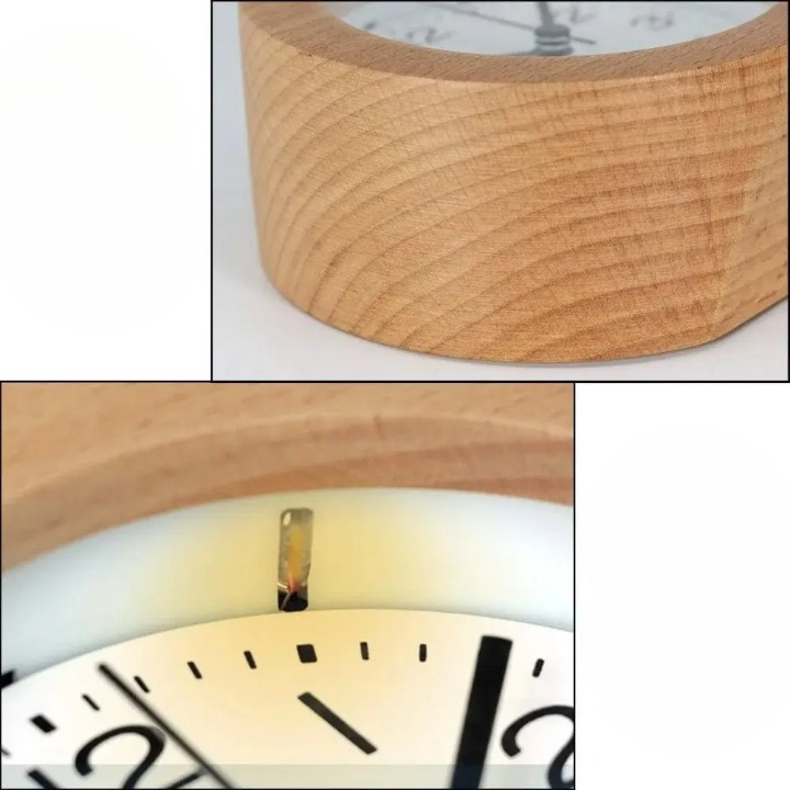 Silent Wooden Alarm Clock with LED Night Light, Beechwood