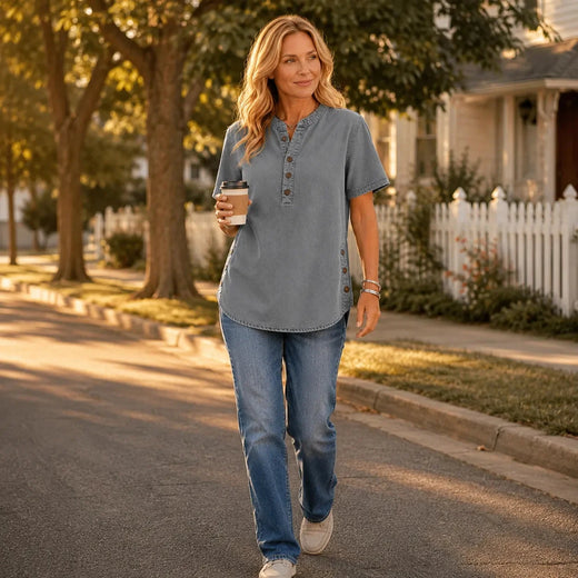 Henley Tunic Top for Women, Casual Side Button Tunic with Curved Hem for Jeans & Leggings