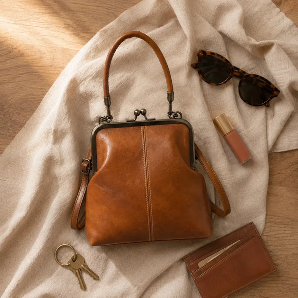 Kiss Lock Crossbody Bag, Vintage Top Handle Purse with Detachable Shoulder Strap for Women