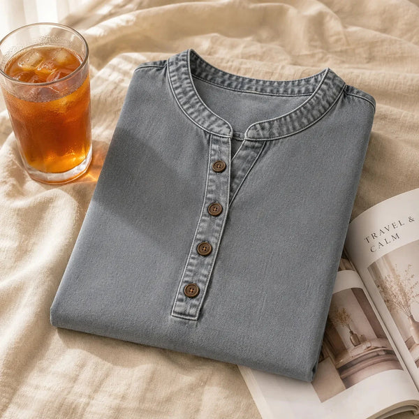 Henley Tunic Top for Women, Casual Side Button Tunic with Curved Hem for Jeans & Leggings