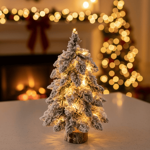 Mini Christmas Tree with LED Lights, 18 Inch Pre Lit Tabletop Artificial Christmas Tree with Frosted Snow Look, Small Christmas Decor for Table & Desk