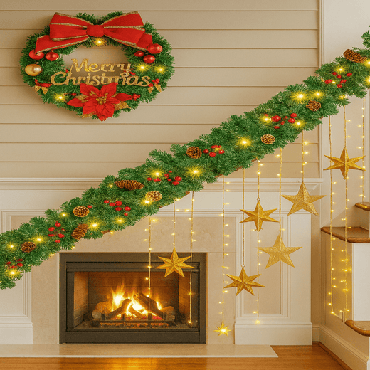 Lighted Christmas Garland with Timer, Pre Lit Christmas Garland Battery Operated for Mantle & Stairs