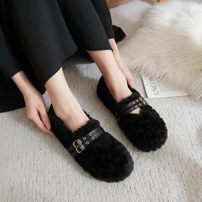 EASYGLAM Women's Wool-Fur Slip-On Loafer