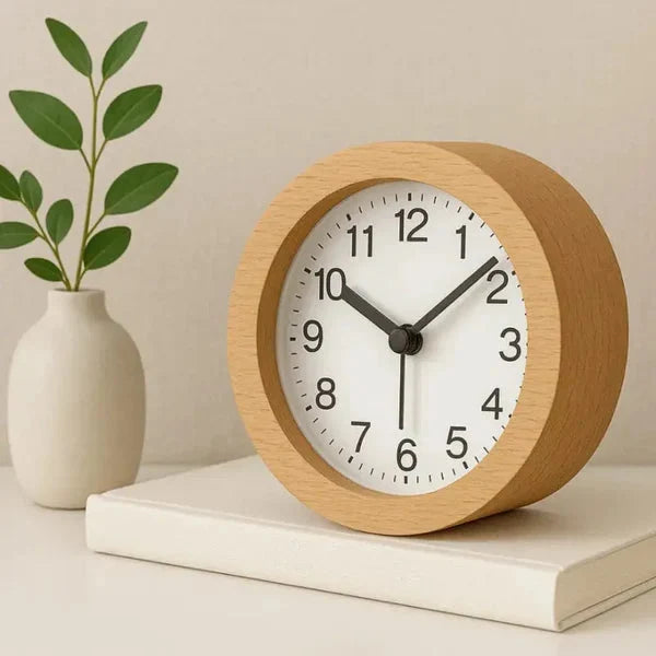 Silent Wooden Alarm Clock with LED Night Light, Beechwood