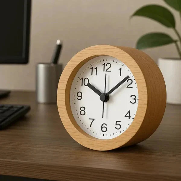 Silent Wooden Alarm Clock with LED Night Light, Beechwood