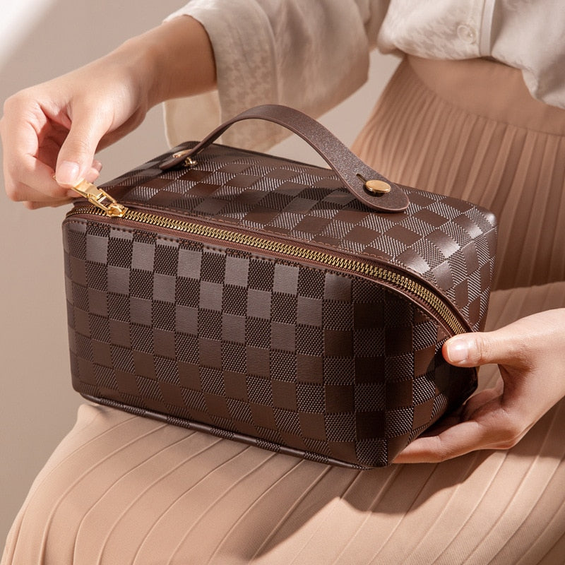 PU Leather Cosmetic Bag, Plaid Design, with Handle