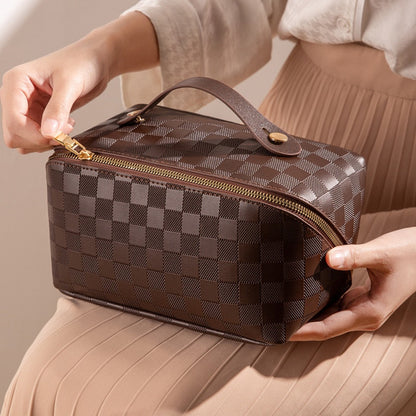 PU Leather Cosmetic Bag, Plaid Design, with Handle