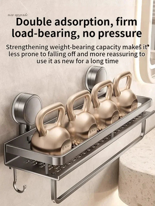 Suction Cup Shower Shelf, No Drilling Aluminum Bathroom Caddy with Hooks & Drain Rack