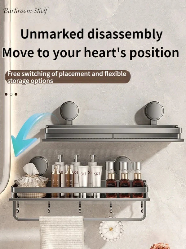 Suction Cup Shower Shelf, No Drilling Aluminum Bathroom Caddy with Hooks & Drain Rack