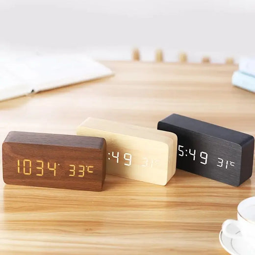 Digital Wood Alarm Clock, Silent LED Display Clock with Modern Wooden Design for Bedroom & Office