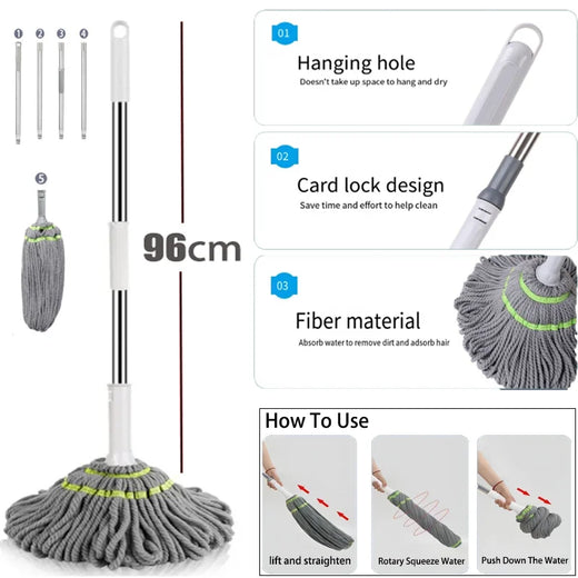 Self Wringing Mop, 360 Degree Rotating Microfiber Mop with Stainless Steel Telescopic Handle