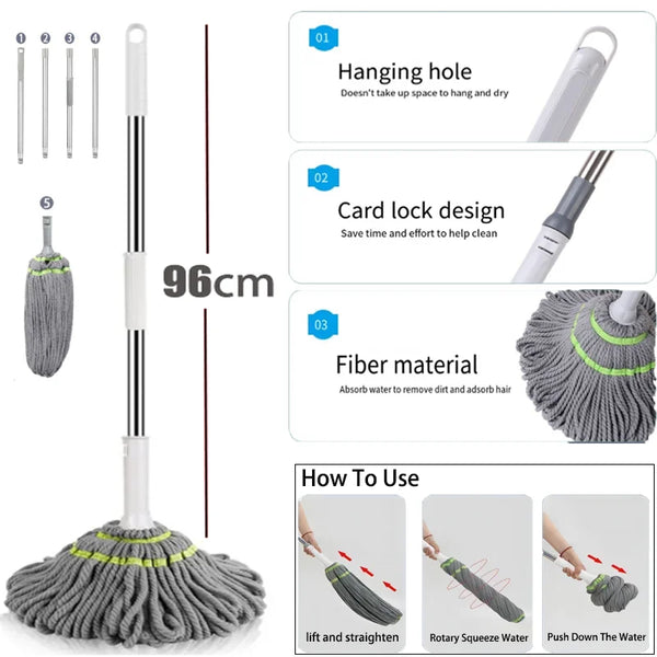 Self Wringing Mop, 360 Degree Rotating Microfiber Mop with Stainless Steel Telescopic Handle
