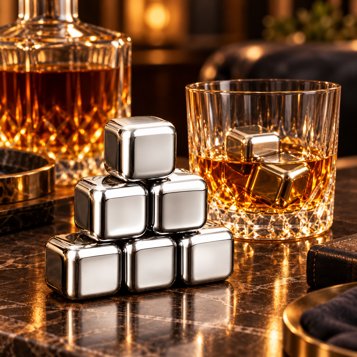 Whiskey Stones Set of 6, Stainless Steel Reusable Ice Cubes for Drinks