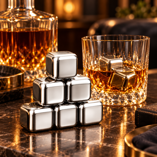 Whiskey Stones Set of 6, Stainless Steel Reusable Ice Cubes for Drinks