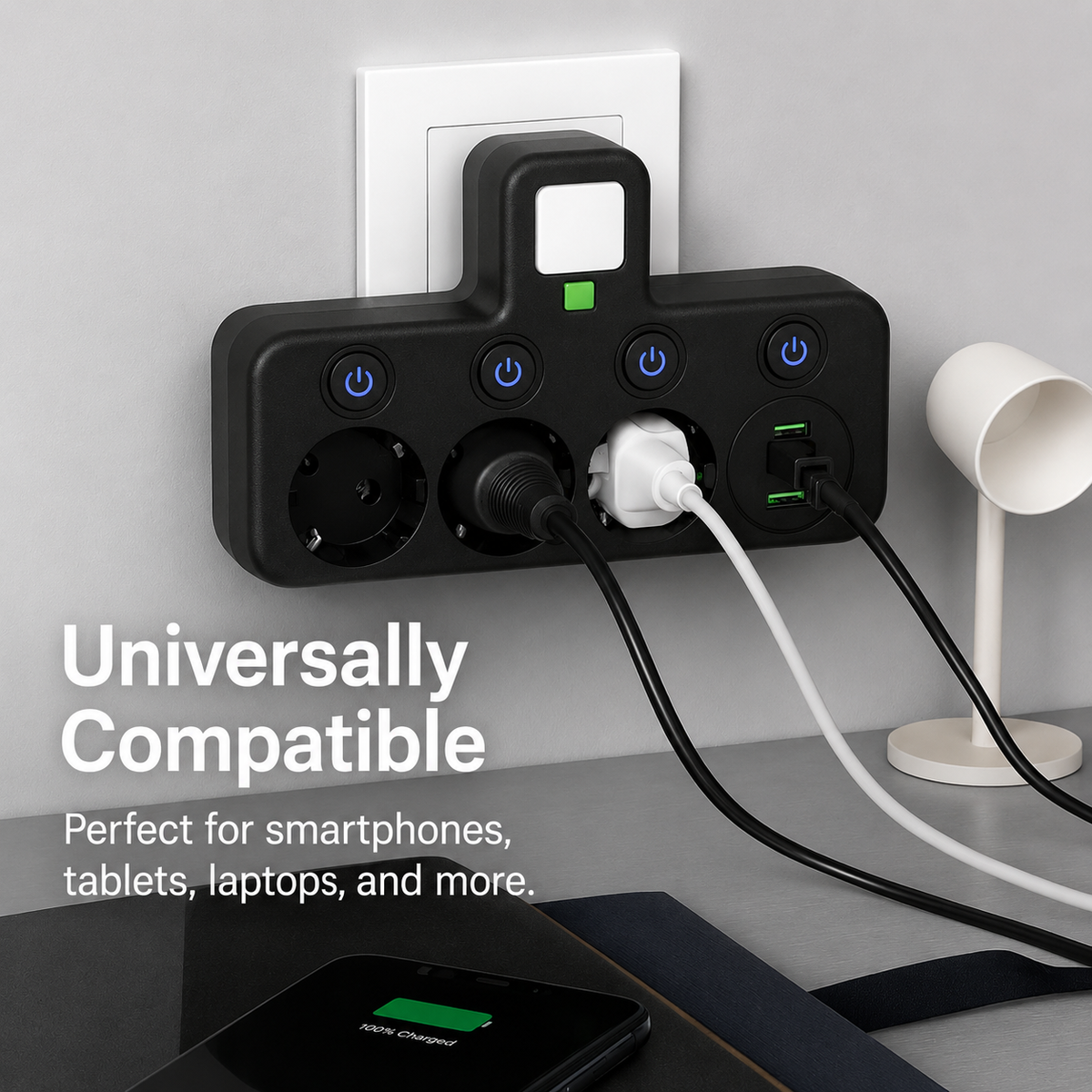 3-Outlet Power Strip with Surge Protection & Child Lock