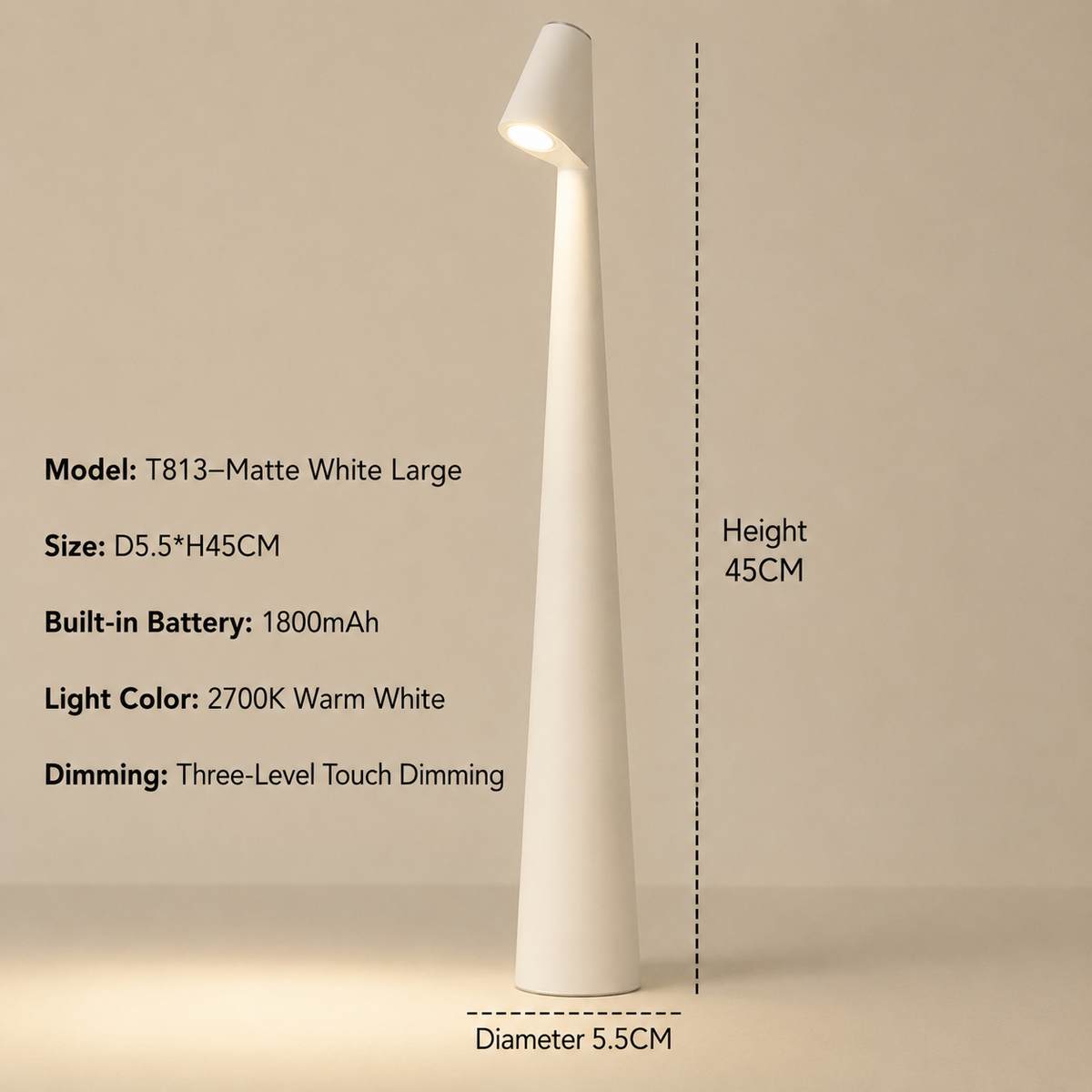 Cordless Designer LED Table Lamp, 3-Level Touch Dimmer