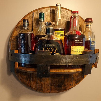 Whiskey Barrel Wall Shelf, Round Wood Bottle Display for Home Bar