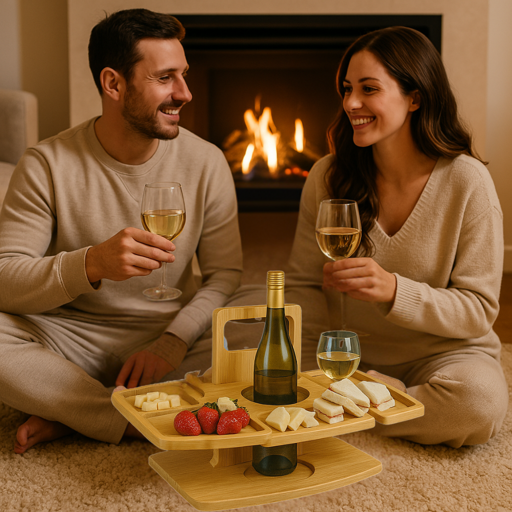 Foldable Wood Wine Table with Snack Trays & Glass Holders