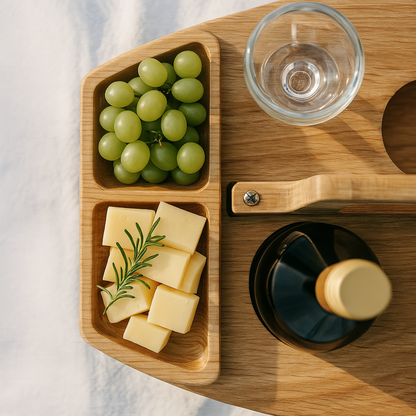 Foldable Wood Wine Table with Snack Trays & Glass Holders
