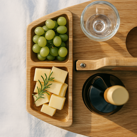 Picnic Wine Table, Foldable Wooden Snack Tray with Bottle & Glass Holders for Beach, Garden & Outdoors
