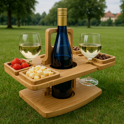 Foldable Wood Wine Table with Snack Trays & Glass Holders