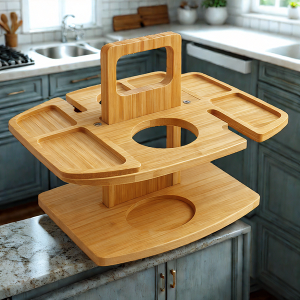 Picnic Wine Table, Foldable Wooden Snack Tray with Bottle & Glass Holders for Beach, Garden & Outdoors
