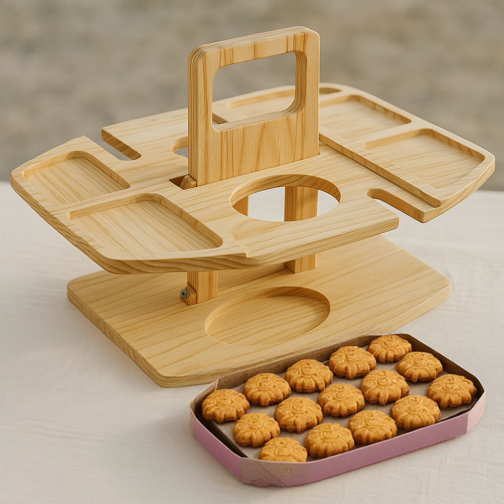 Foldable Wood Wine Table with Snack Trays & Glass Holders