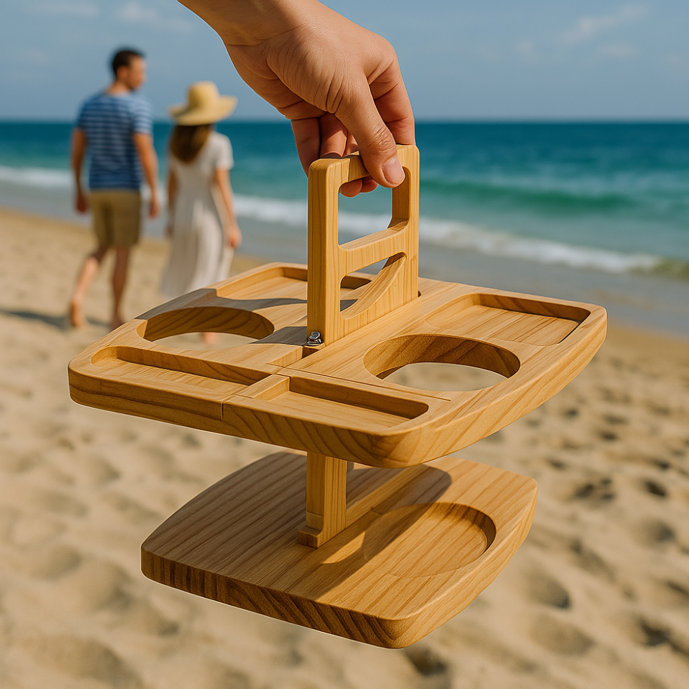 Foldable Wood Wine Table with Snack Trays & Glass Holders