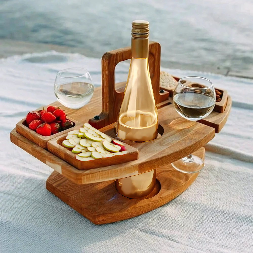 Foldable Wood Wine Table with Snack Trays & Glass Holders