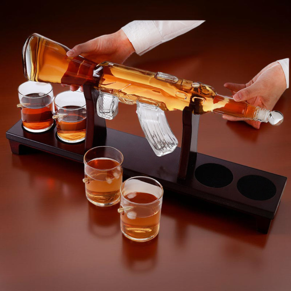 Rifle Whiskey Decanter Set, Glass Bottle with Stand & Whiskey Glasses for Home Bar