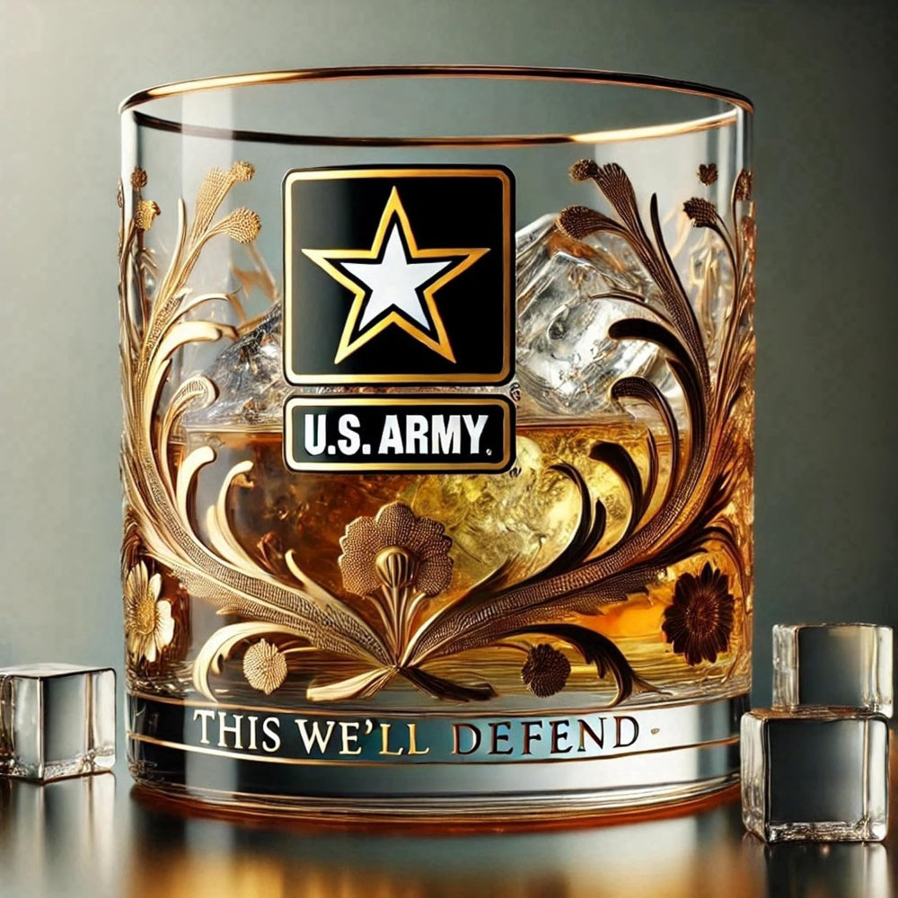 Military Whiskey Glass, Gold Embossed Veteran Gift for Army, Navy, Air Force & Coast Guard