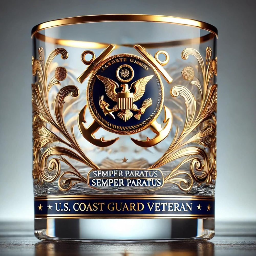 Military Whiskey Glass, Gold Embossed Veteran Gift for Army, Navy, Air Force & Coast Guard