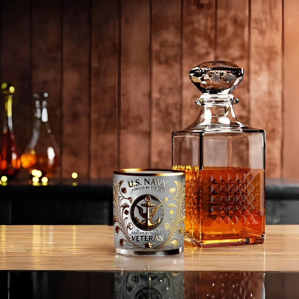 Military Whiskey Glass, Gold Embossed Veteran Gift for Army, Navy, Air Force & Coast Guard