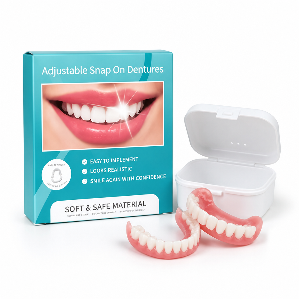 Adjustable Denture Set with Storage Box, Comfort Fit Cosmetic Upper & Lower Dentures for Men & Women