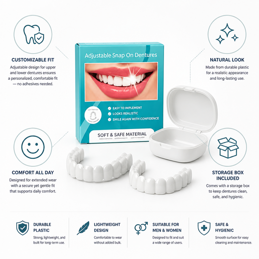 Adjustable Denture Set with Storage Box, Comfort Fit Cosmetic Upper & Lower Dentures for Men & Women
