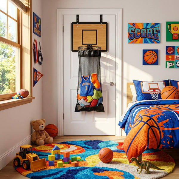 Basketball Laundry Hamper, Hanging Hoop Storage Organizer with Long Net for Kids Rooms