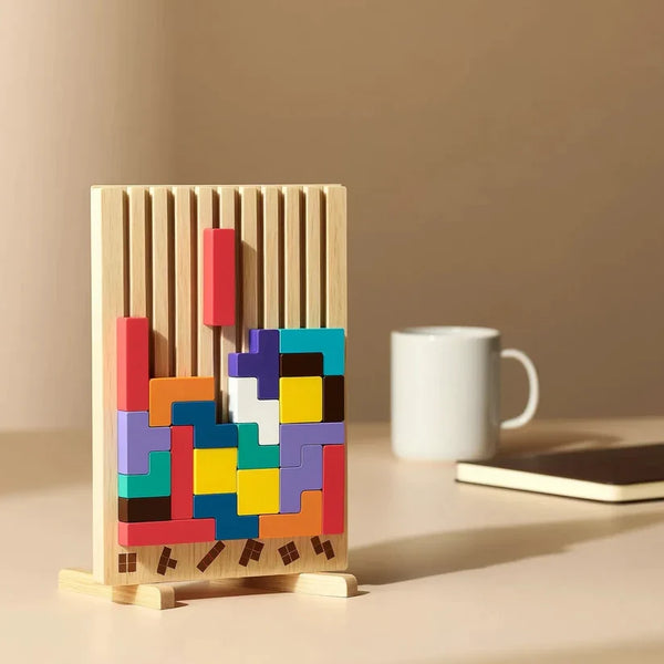 Wooden Block Puzzle, Upright Desk Brain Teaser Board with 40+ Colorful Pieces & 10 Pattern Cards