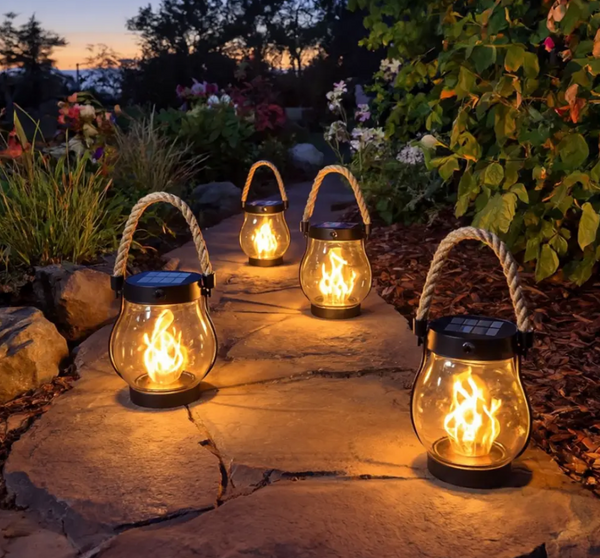 Solar Flame Lantern, 10 Inch Outdoor Flickering Flame Light with Hemp Rope for Garden, Patio & Path