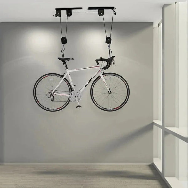 Ceiling Bike Hoist, Garage Bike Lift with Rope Pulley System, Safety Strap & 132 lb Capacity