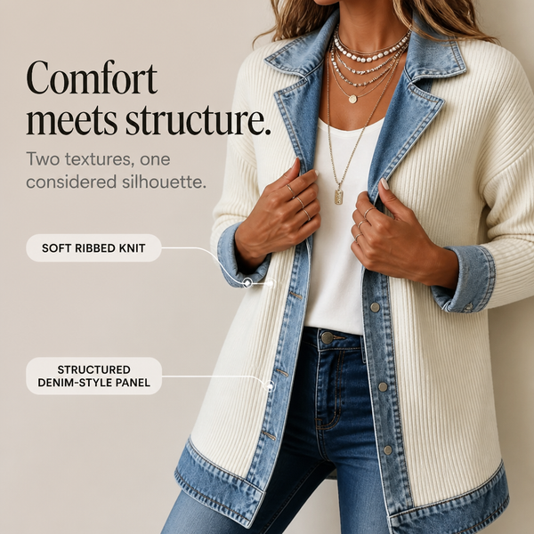 Women's Ribbed Knit Coat, Cardigan Style Layer with Denim Lapels & Sleeve Panels