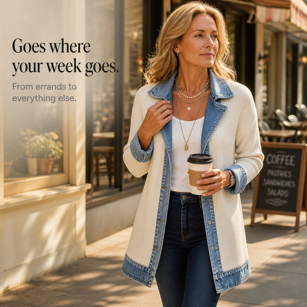 Women's Ribbed Knit Coat, Cardigan Style Layer with Denim Lapels & Sleeve Panels