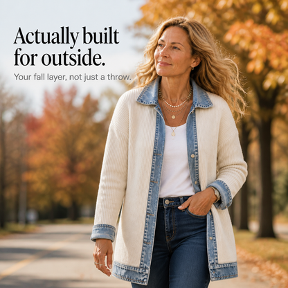 Ribbed Knit Coat With Denim Panels