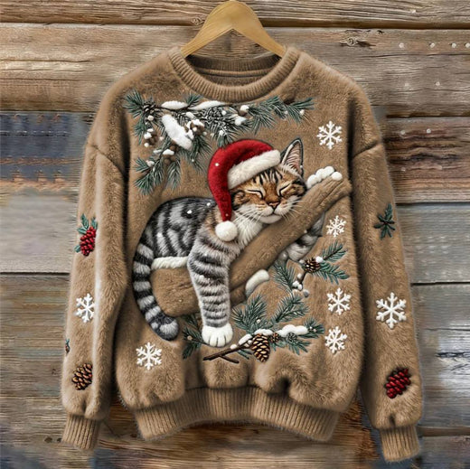 Cat Christmas Sweater, Cozy Plush Holiday Pullover for Cats with 3D Sleeping Cat Appliqué