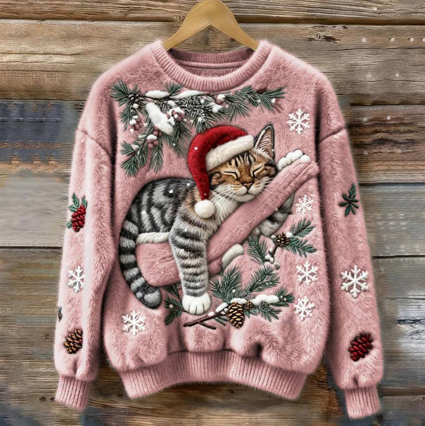 Cat Christmas Sweater, Cozy Plush Holiday Pullover for Cats with 3D Sleeping Cat Appliqué