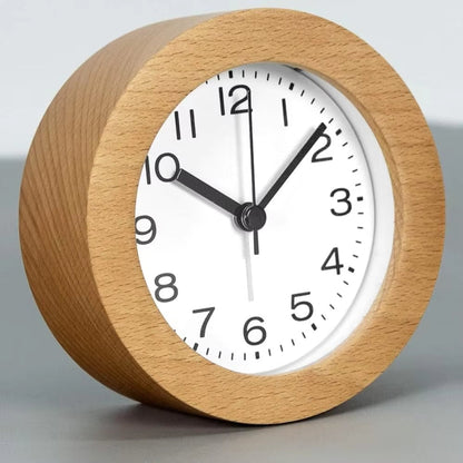 Silent Wooden Alarm Clock with LED Night Light, Beechwood