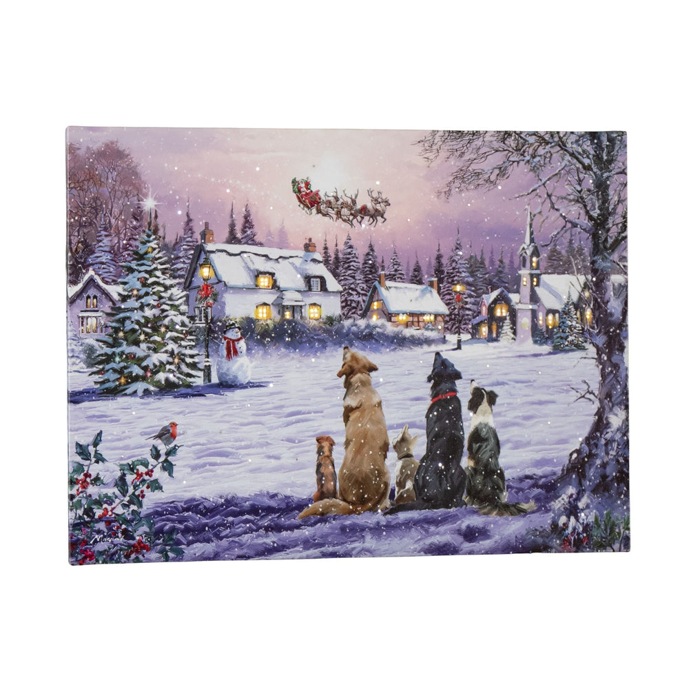 Christmas Canvas Wall Art, Light Up Fiber Optic Dogs Watching Santa Picture