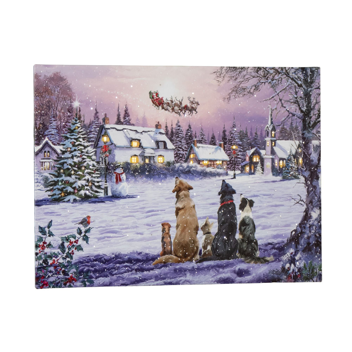 Christmas Canvas Wall Art, Light Up Fiber Optic Dogs Watching Santa Picture