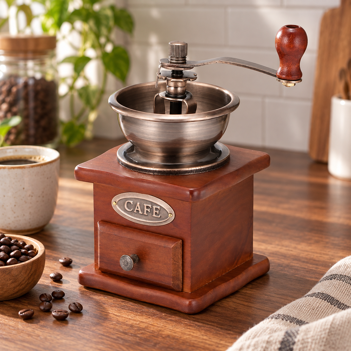 Manual Coffee Grinder, Vintage Wooden Hand Crank Coffee Mill