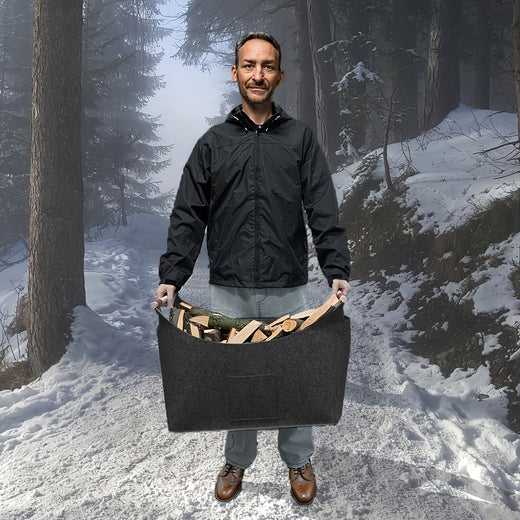 Firewood Basket, Foldable Felt Log Holder with Wooden Handles & Leather Details, 55 Liter