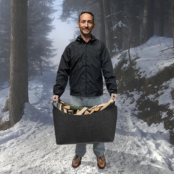 Firewood Basket, Foldable Felt Log Holder with Wooden Handles & Leather Details, 55 Liter